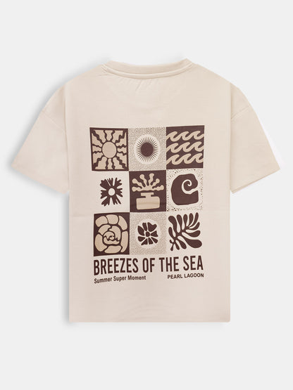 Boys Printed Oversize Fit Beige T-Shirt