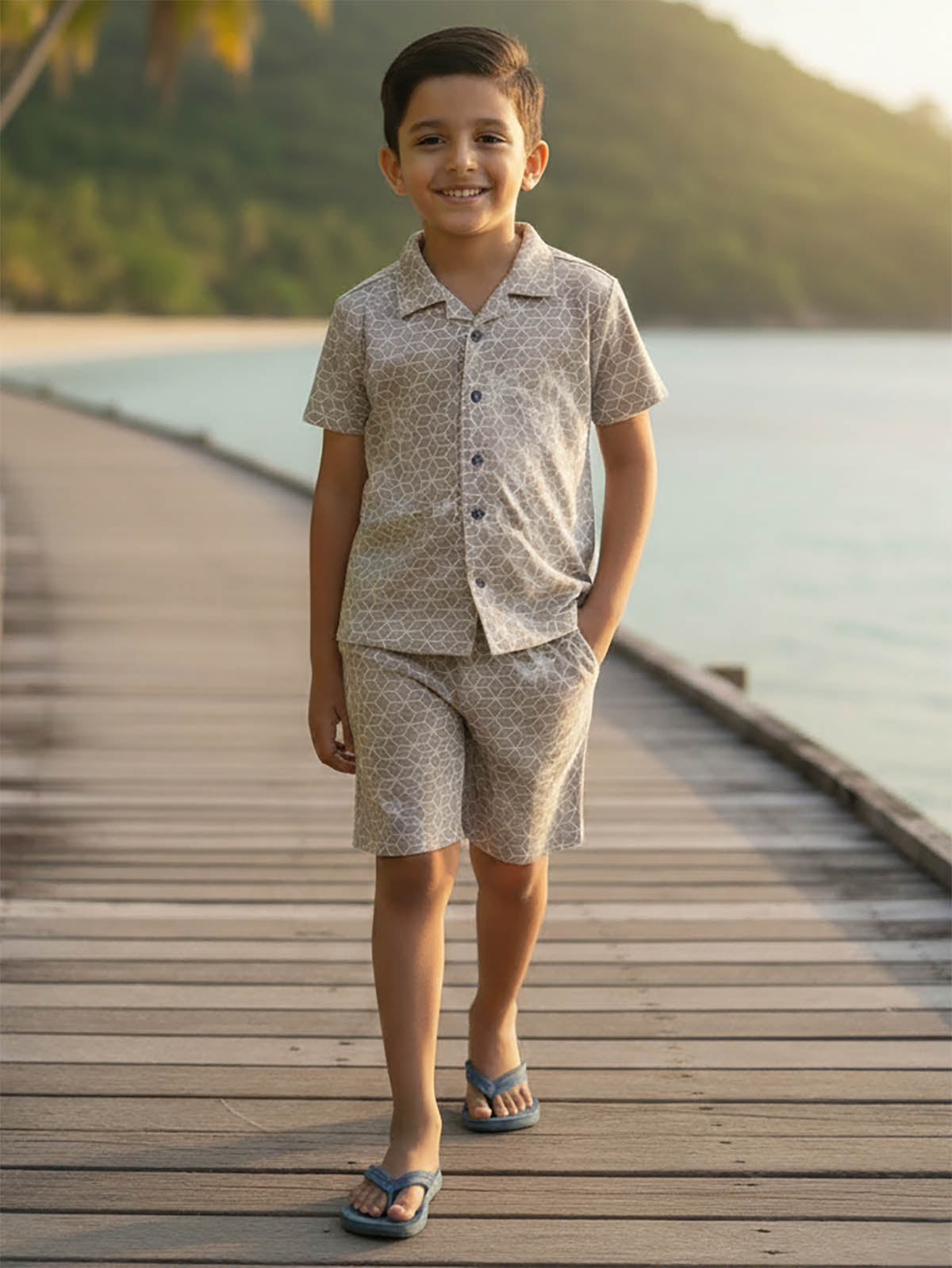 Boys Cuban Collar Shirt Co-Ord Set Grey