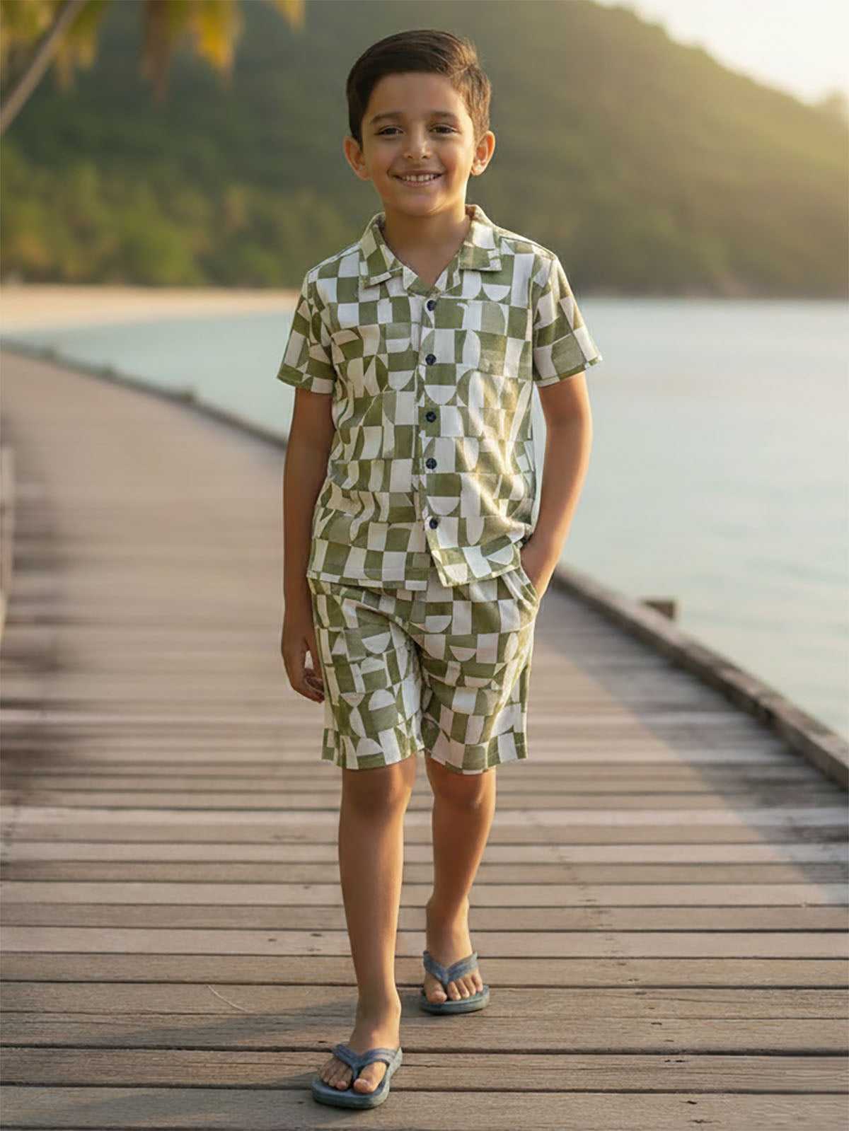 Boys Cuban Collar Shirt Co-Ord Set Green