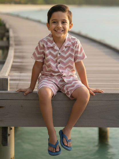 Boys Cuban Collar Shirt Co-Ord Set Pink