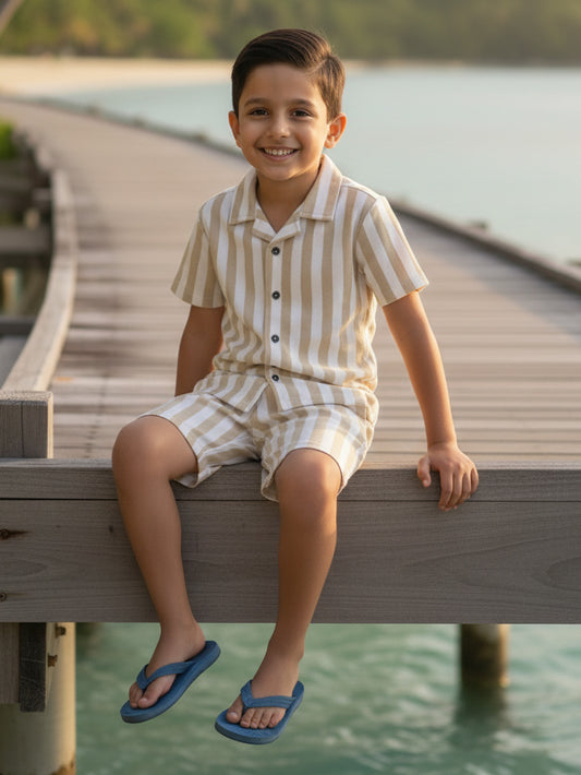 Boys Cuban Collar Shirt Co-Ord Set Brown