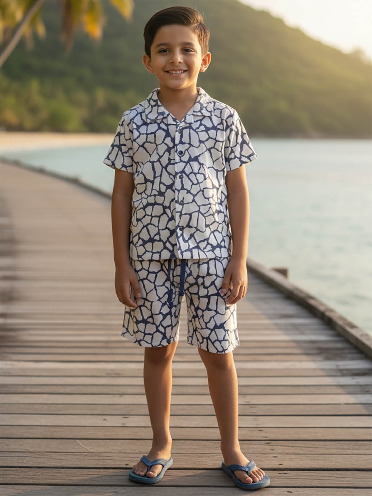 Boys Cuban Collar Shirt Co-Ord Set Navy
