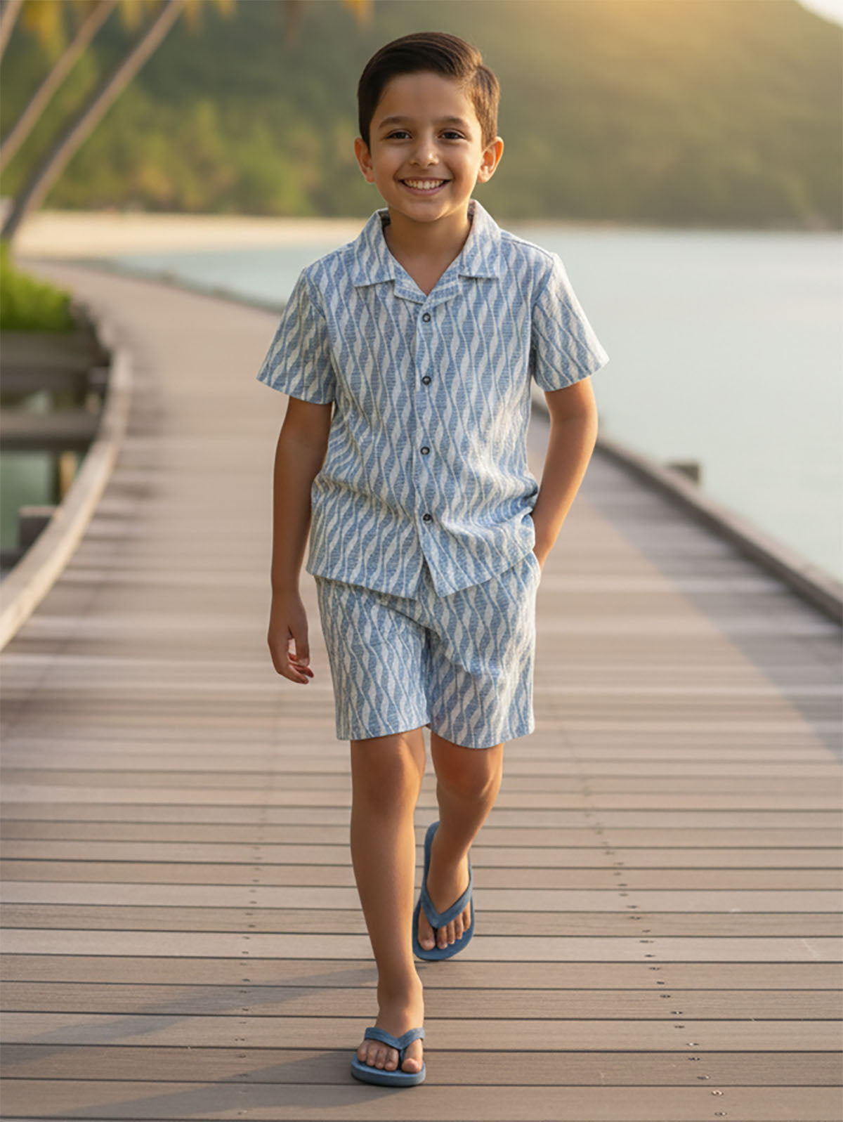 Boys Cuban Collar Shirt Co-Ord Set Blue