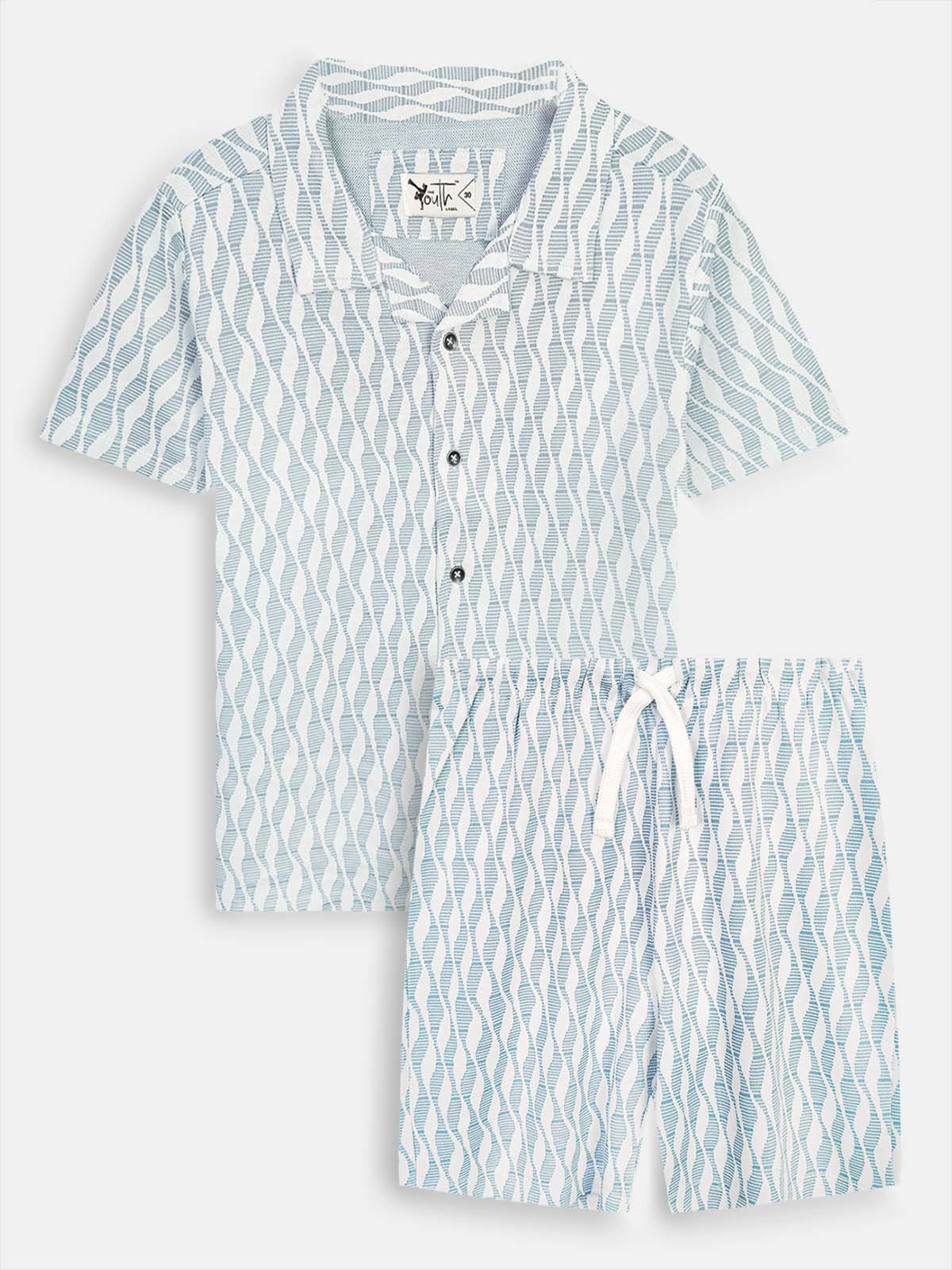 Boys Cuban Collar Shirt Co-Ord Set Blue