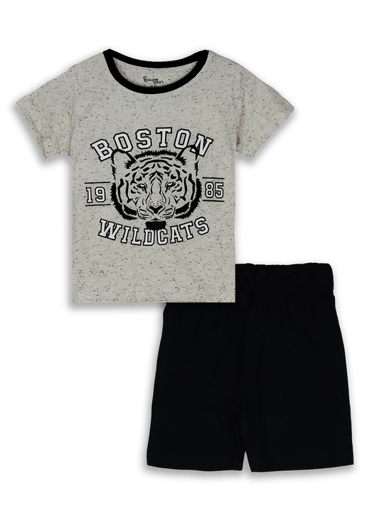 Boys Printed Ecru-Black Shorty Set