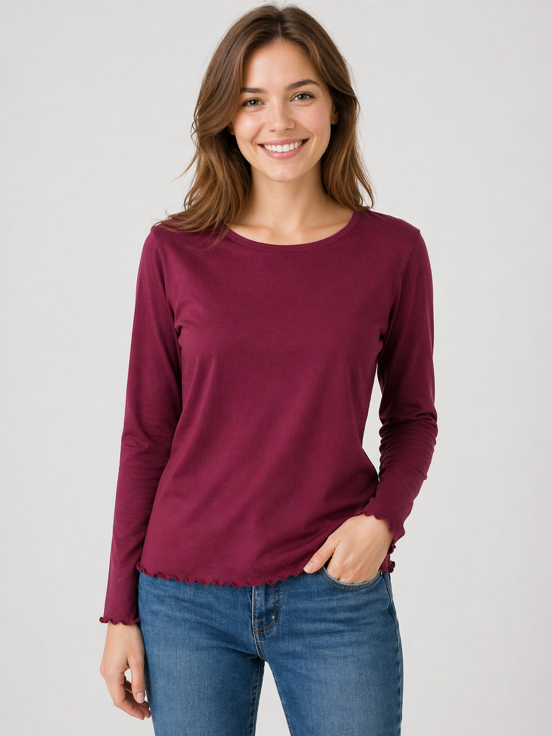 Ladies Long Sleeve Maroon T Shirt