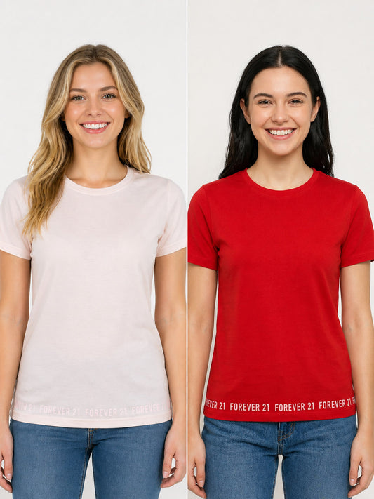 Ladies Crew Neck Red and Beige T Shirts