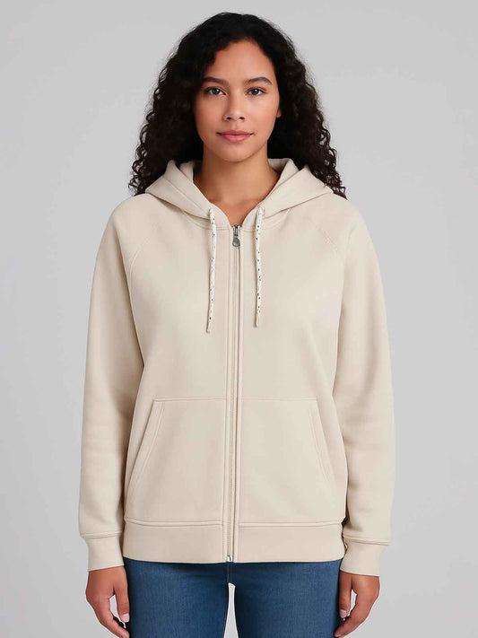 Ladies Hooded Full Zipper Sweatshirt Beige