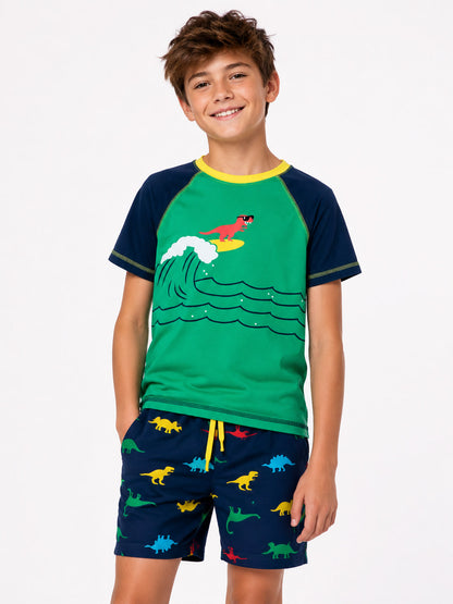 Boys Printed Green Navy Shorty Set