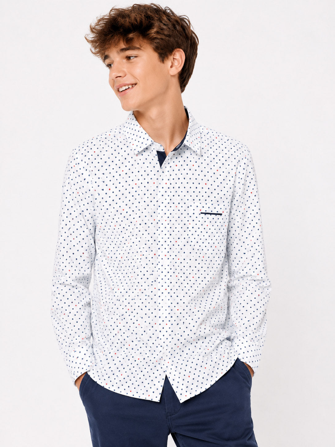 Boys Long Sleeve White Aop Woven Shirt