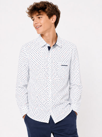 Boys Long Sleeve White Aop Woven Shirt