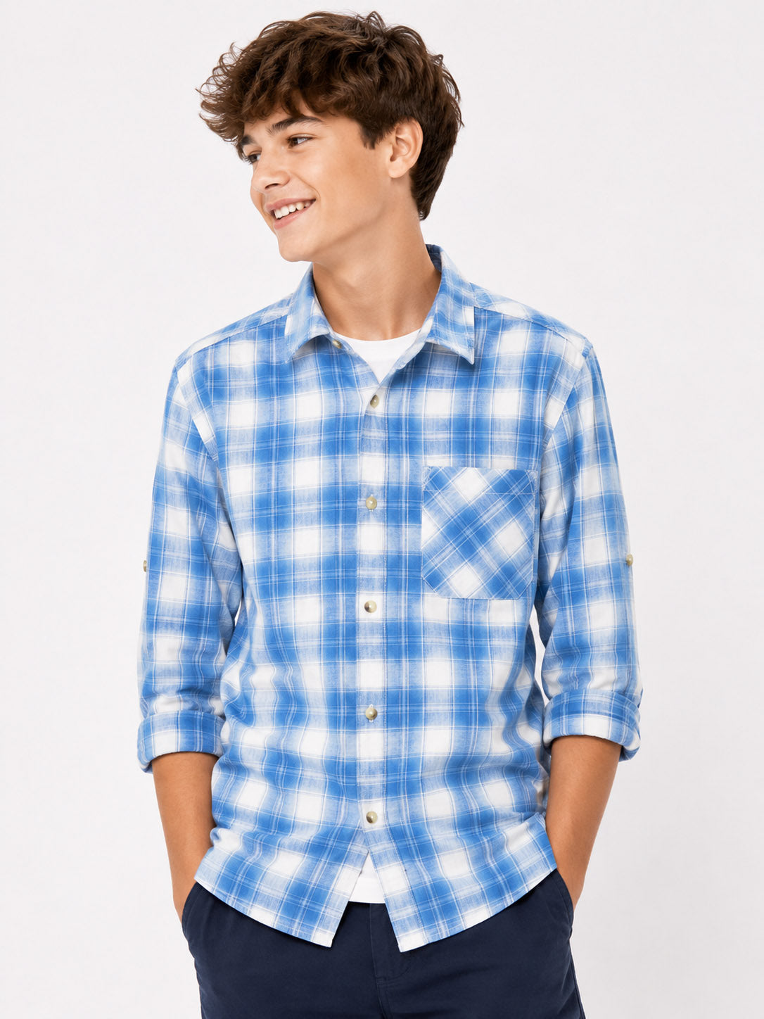 Boys Long Sleeve Blue Woven Shirt