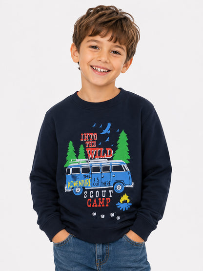 Boys Navy Bus Print Pullover Sweatshirt