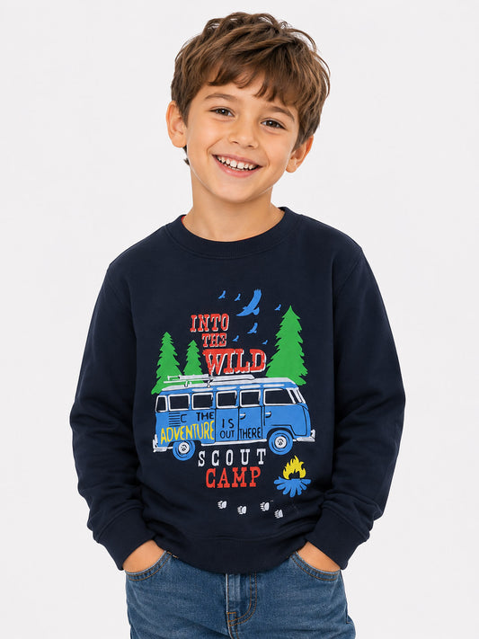Boys Navy Bus Print Pullover Sweatshirt