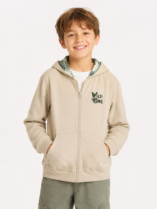 Boys Hooded Full Zipper Sweatshirt Beige
