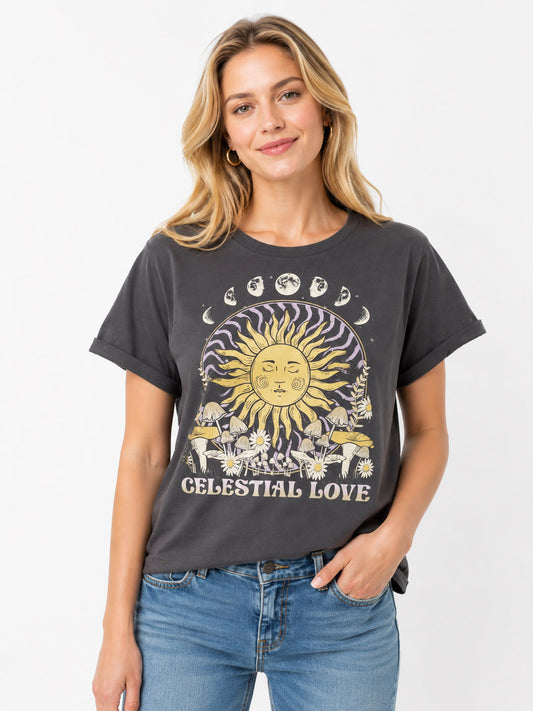 Ladies Printed Crop T Shirt Grey