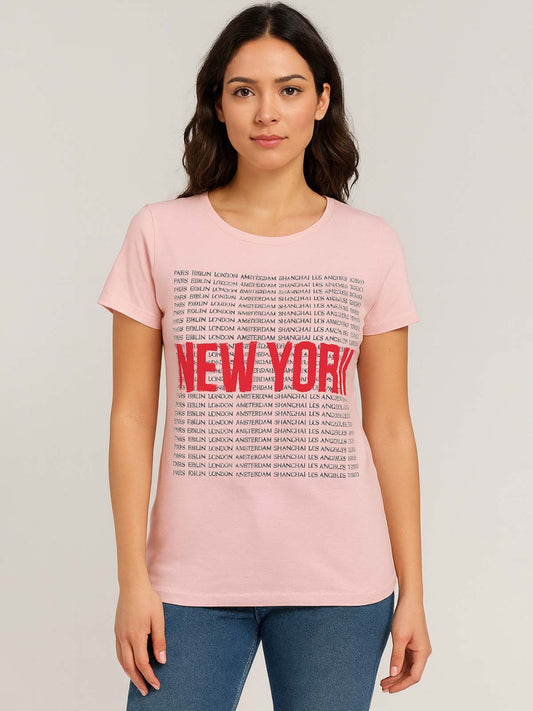 Ladies Printed Pink T Shirt