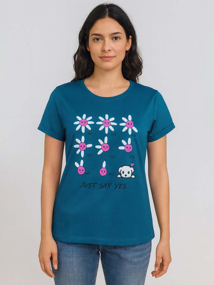 Ladies Printed Green T Shirt
