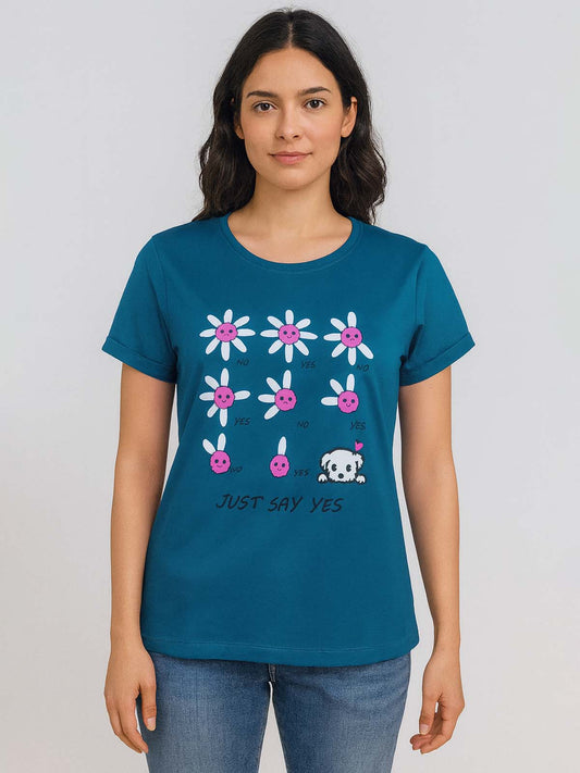 Ladies Printed Green T Shirt