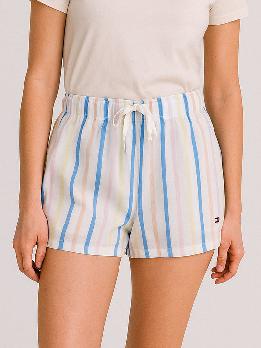 Ladies White Multi Striped Woven Shorts