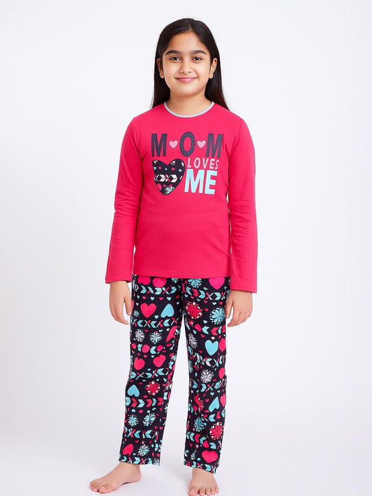 Girls Fuchsia Navy AOP Pyjama Set
