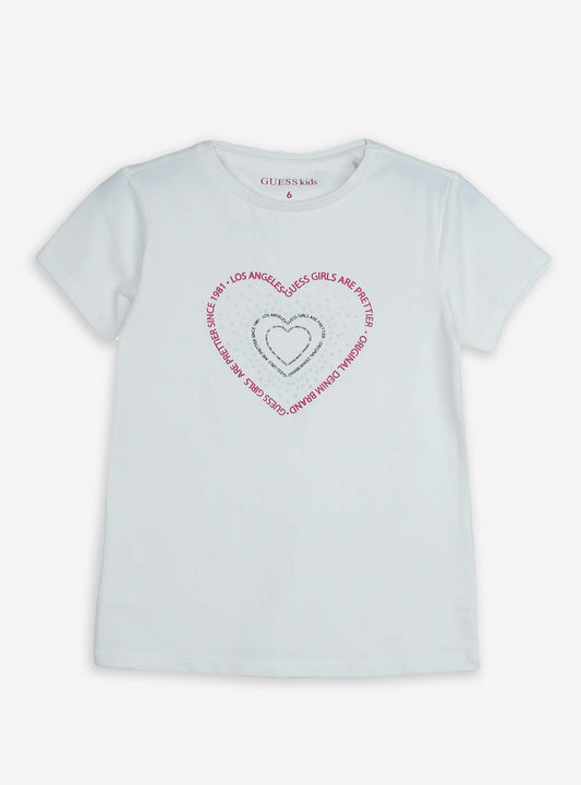 Girls White Heart Print T Shirt