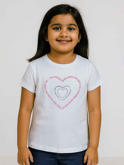 Girls White Heart Print T Shirt