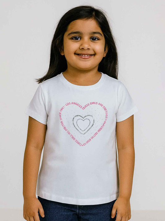 Girls White Heart Print T Shirt