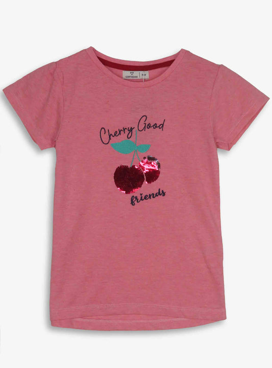 Girls Pink Melange Sequin T Shirt