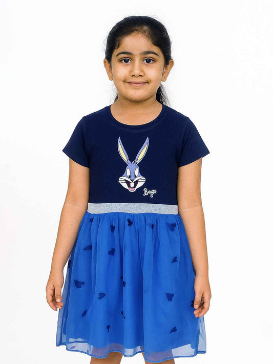 Girls Printed Dress Mesh Trim