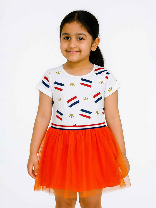 Girls White / Crown Aop Dress
