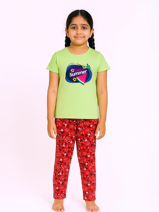 Girls Printed Green-Red Pyjama Set