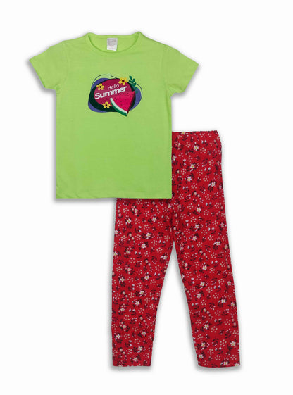 Girls Printed Green-Red Pyjama Set