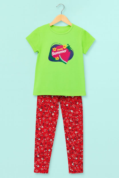 Girls Printed Green-Red Pyjama Set