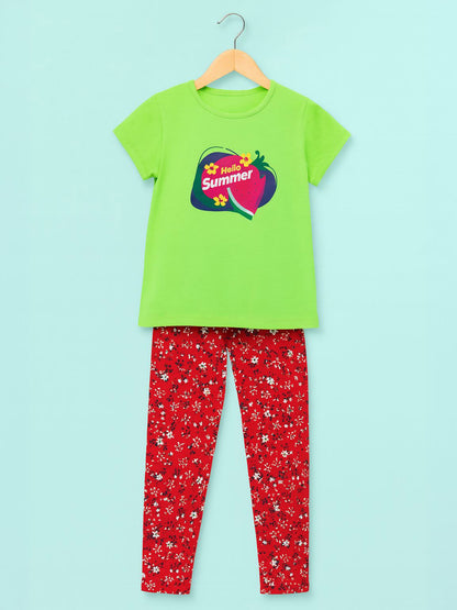 Girls Printed Green-Red Pyjama Set