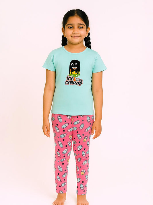 Girls Printed Aqua-Pink Pyjama Set