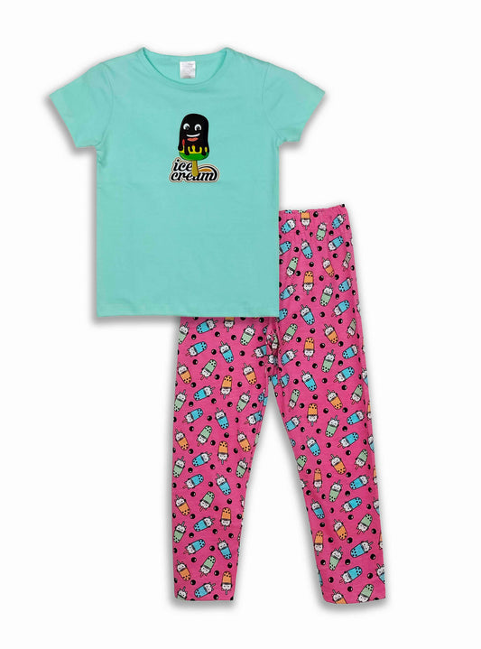 Girls Printed Aqua-Pink Pyjama Set