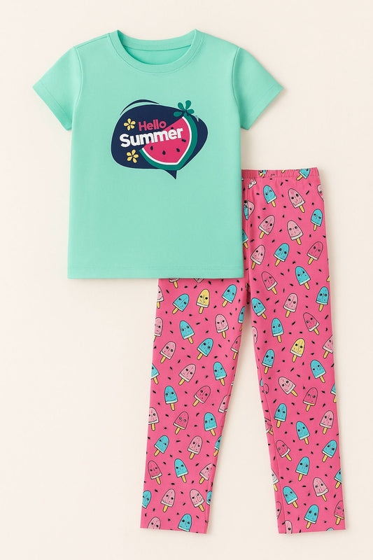 Girls Printed Aqua-Pink Pyjama Set