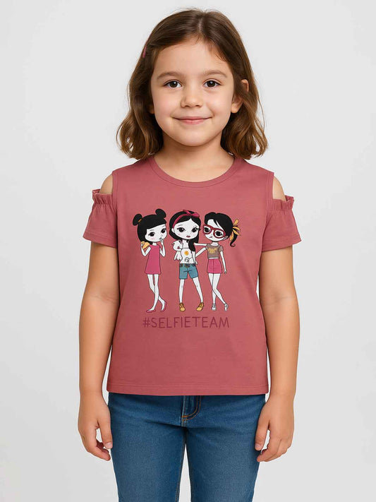 Girls Printed Could Shoulder Peach Top