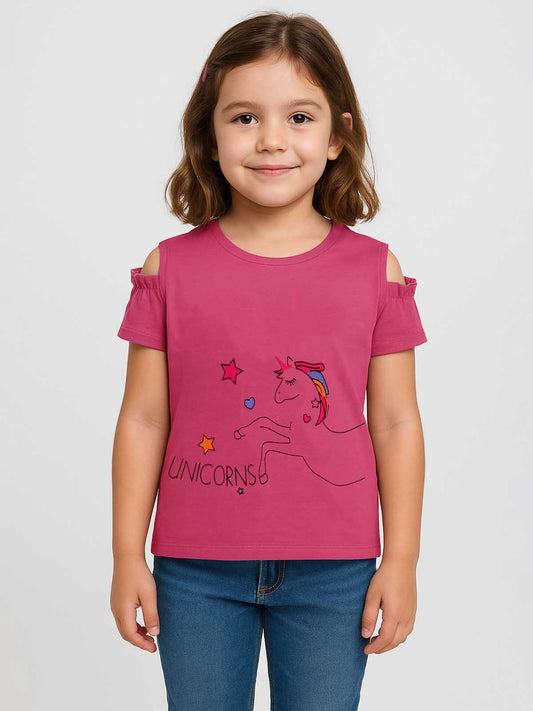 Girls Printed Could Shoulder Pink Top
