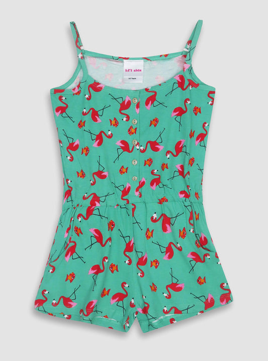 Girls Printed Green Dungaree