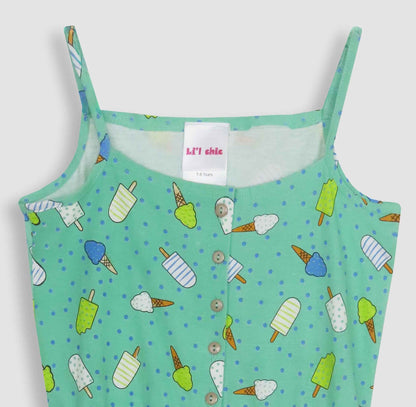 Girls Printed Mint Dungaree