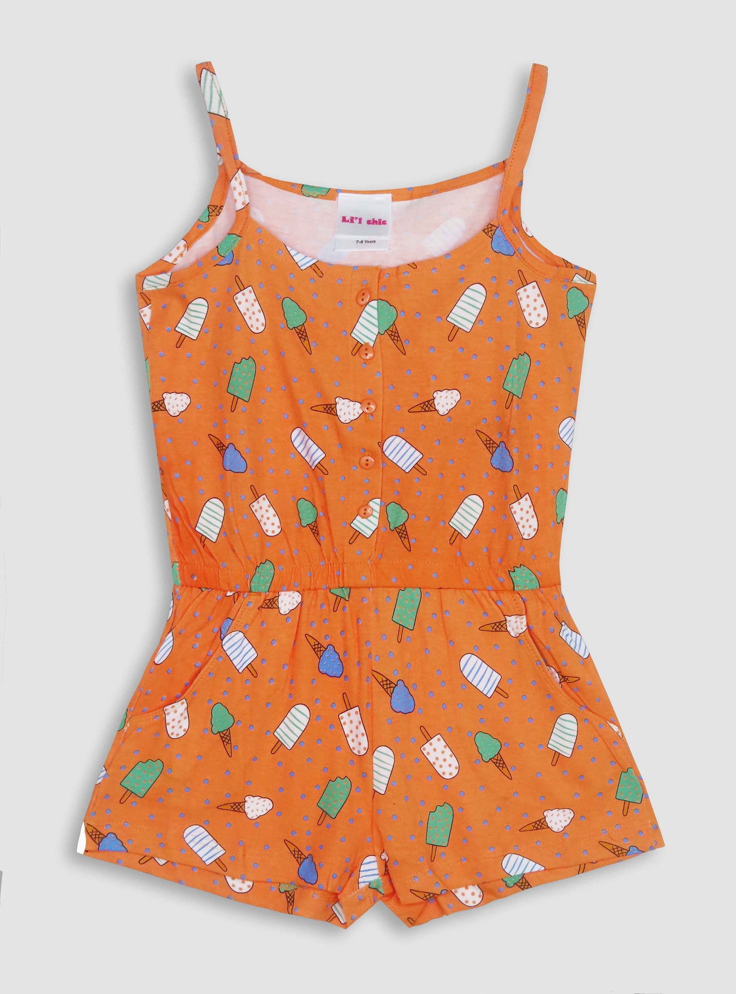 Girls Printed Orange Dungaree