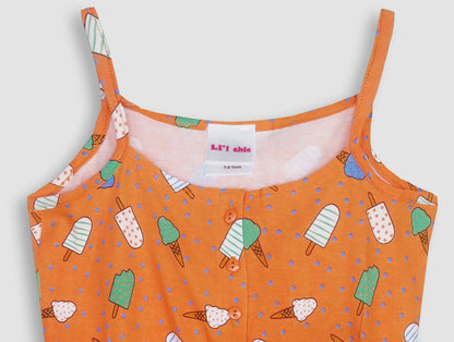 Girls Printed Orange Dungaree