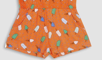 Girls Printed Orange Dungaree