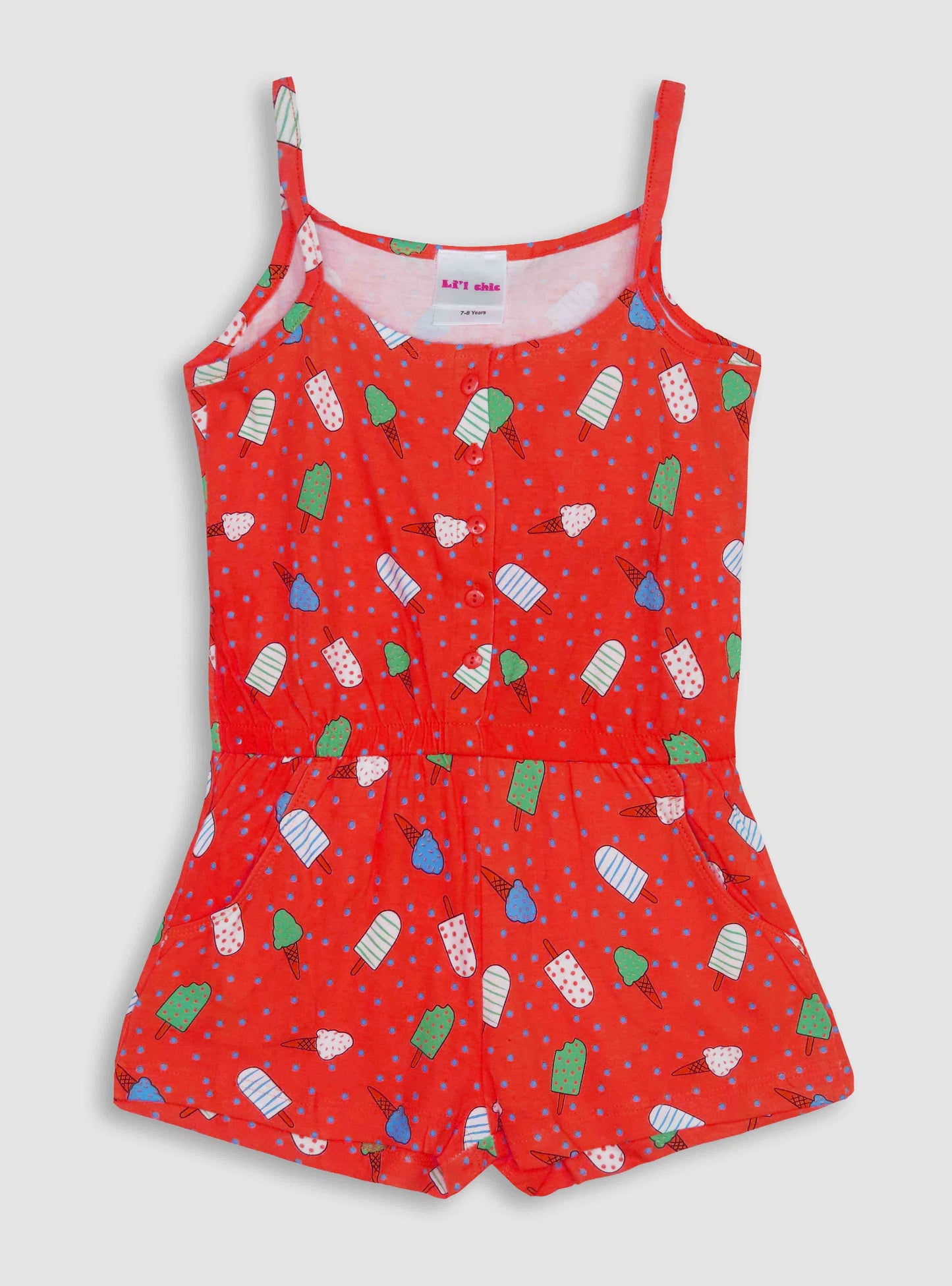 Girls Printed Red Dungaree