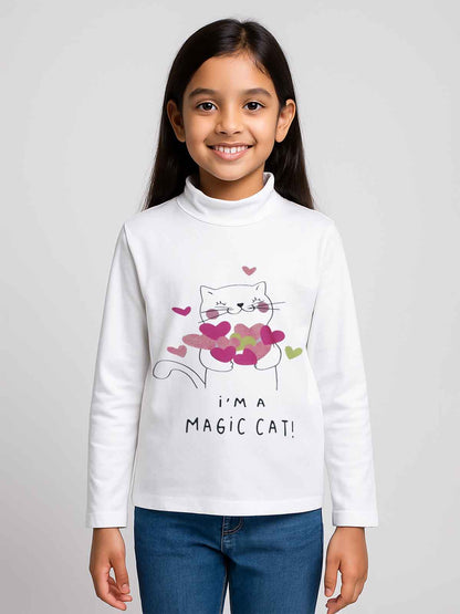 Girls Turtle Neck Printed White Top