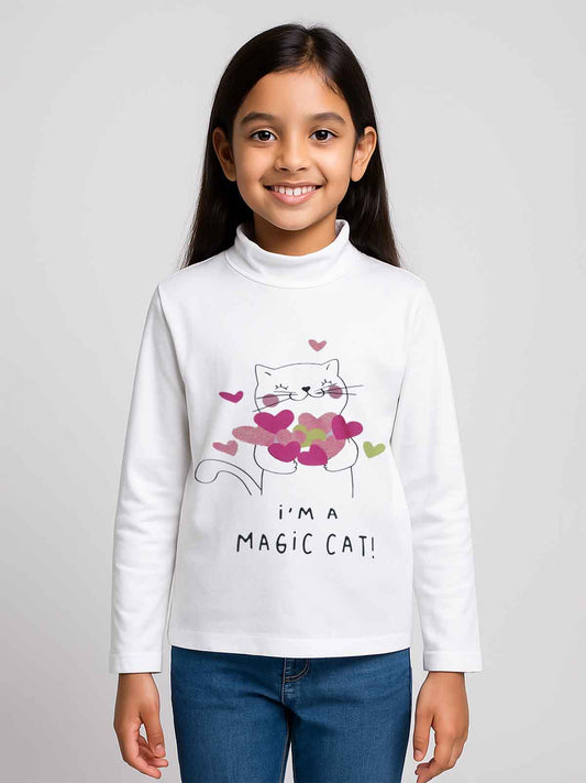 Girls Turtle Neck Printed White Top