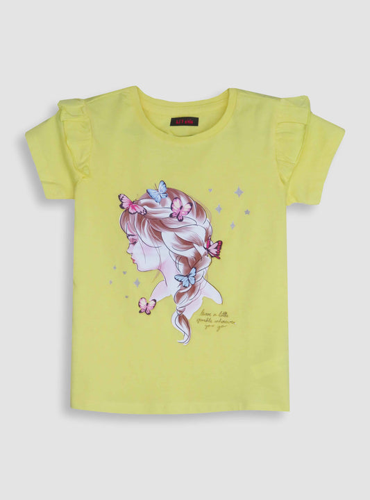 Girls Printed Yellow T-Shirt