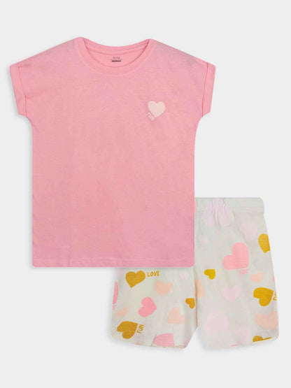 Girls Printed Pink Shorty Set